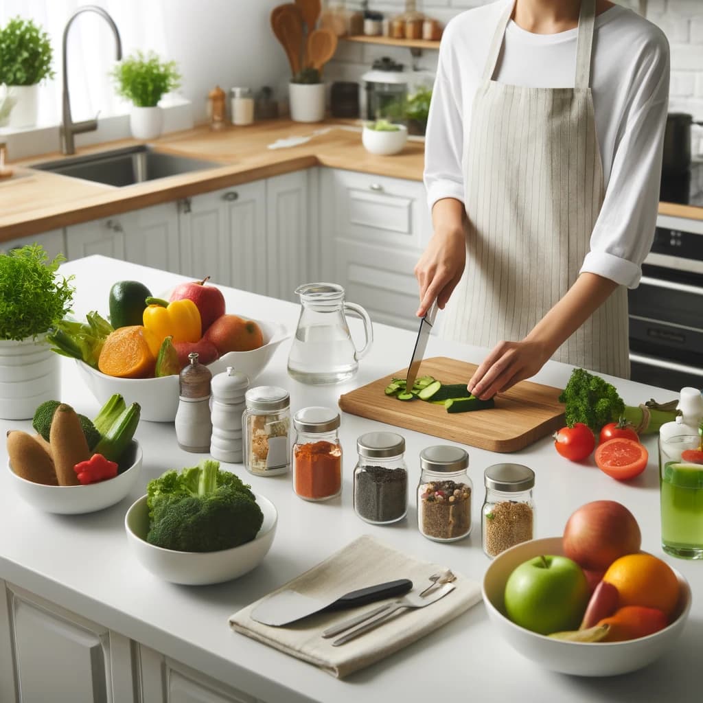 une scénario de préparation d'un repas sain dans une cuisine propre