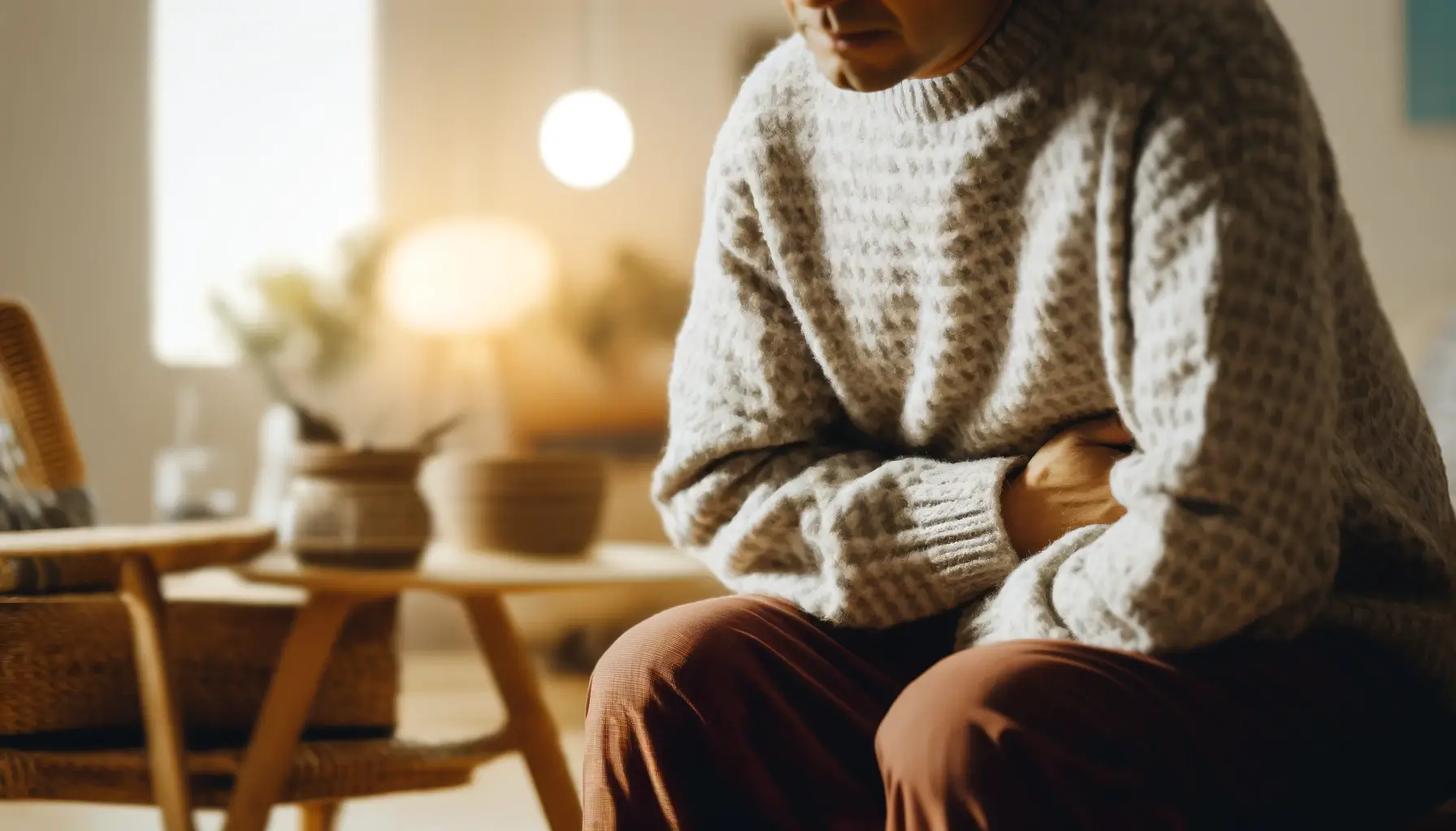 Person experiencing stomach pain sitting on chair with hands on abdomen, casual attire, serene indoor setting with natural light, cushion, and side table with decorative items